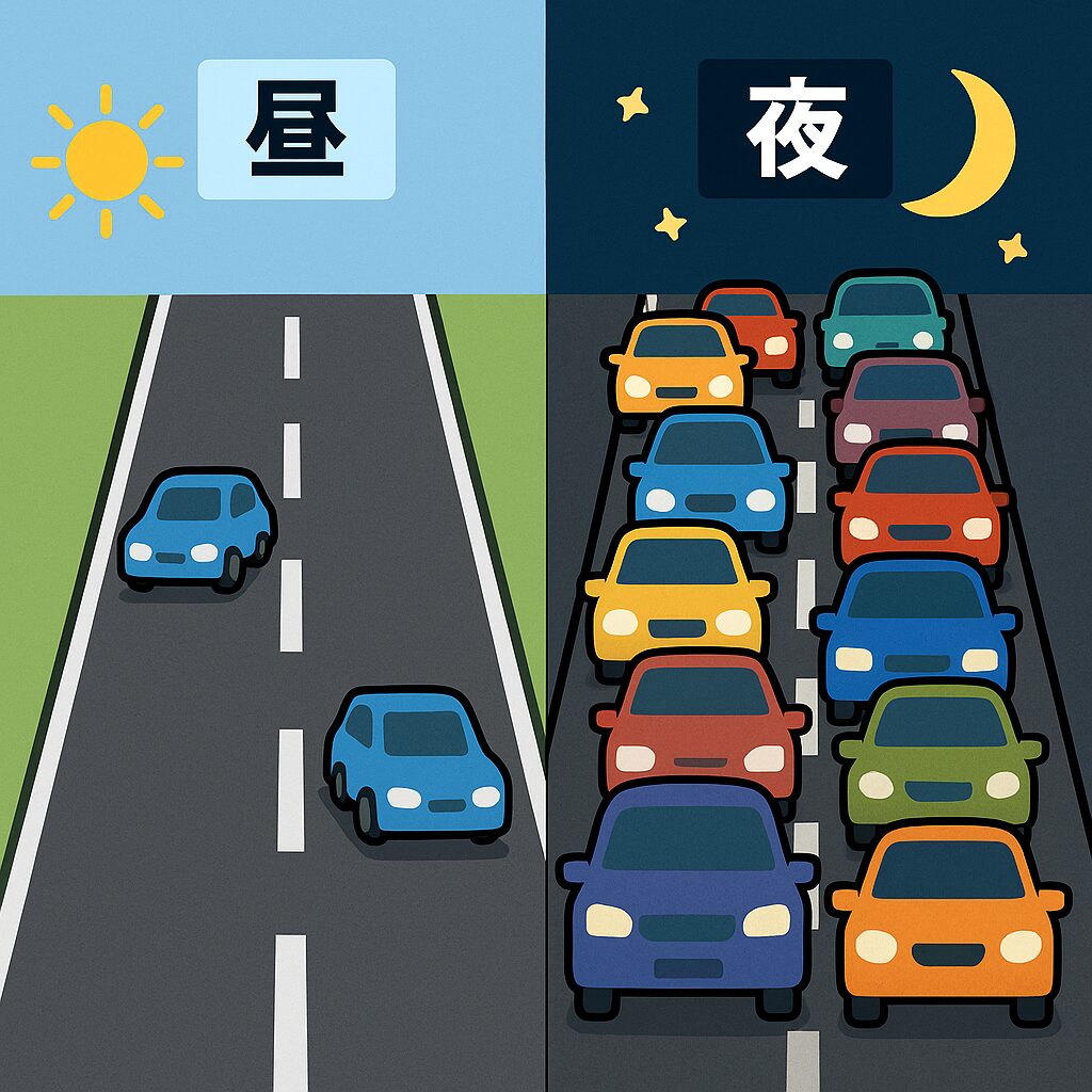 昼は車が少なくスムーズに走れるが、夜は車が増えて渋滞する様子を道路で表した図。インターネット回線の混雑を例えたイラスト