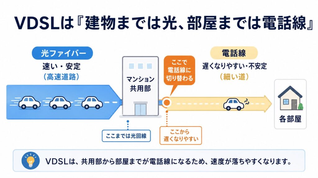 VDSLは建物までは光ファイバー、マンション共用部から各部屋までは電話線を使うため、速度が落ちやすい仕組みを示した図