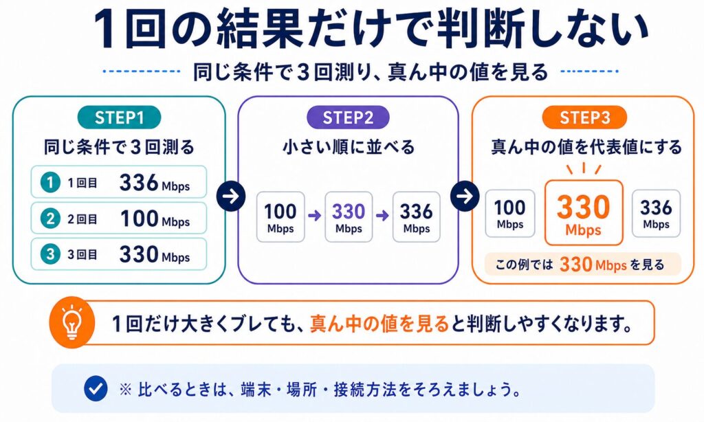 Speedtestを同じ端末・場所・接続方法で3回測り、結果を小さい順に並べて、真ん中の値を代表値として見る方法を示す図。例では100Mbps・330Mbps・336Mbpsのうち330Mbpsを採用する。