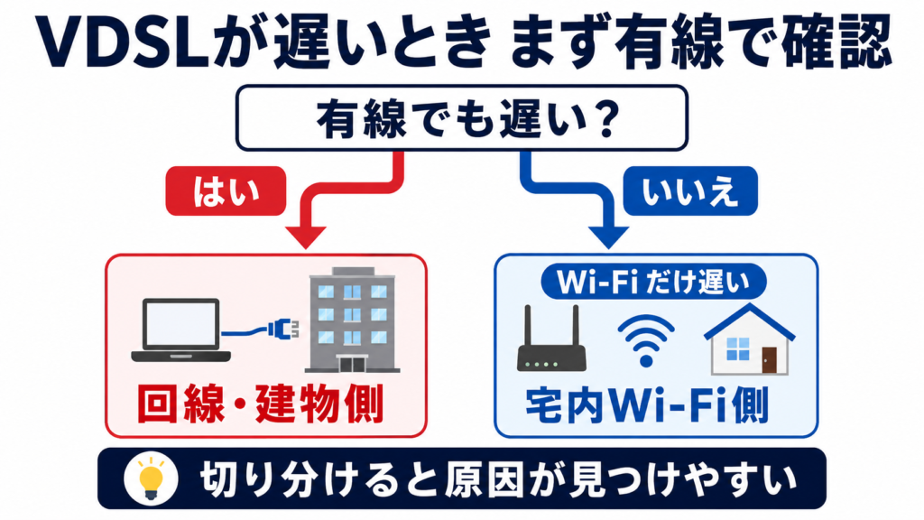 VDSLが遅いときは、まず有線接続で確認し、有線でも遅ければ回線・建物側、Wi‑Fiだけ遅ければ宅内Wi‑Fi側を疑う切り分け図