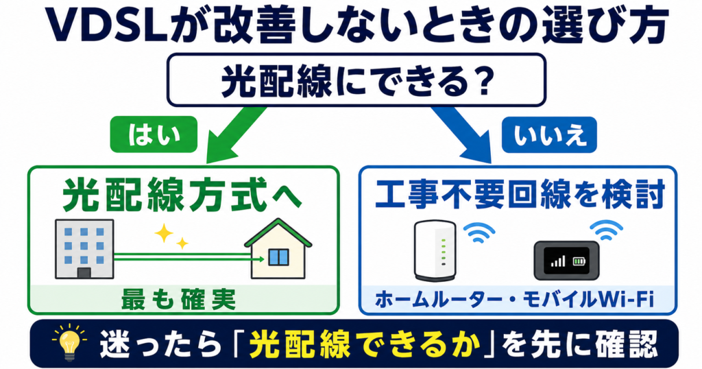 VDSLが改善しないときの選び方を示す判断図。まず光配線にできるかを確認し、できるなら光配線方式へ、できないならホームルーターやモバイルWi-Fiなどの工事不要回線を検討する。
