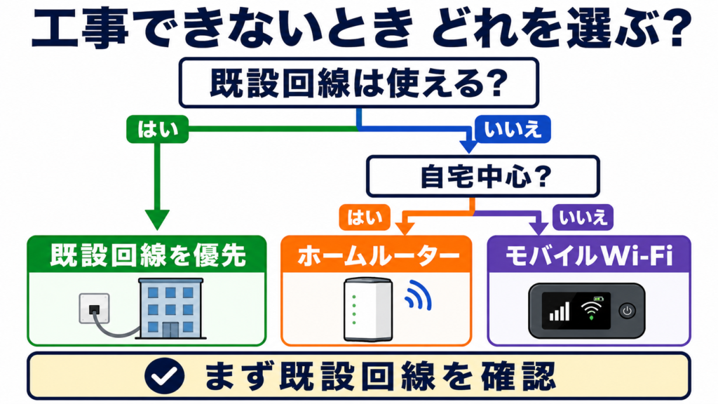 工事できないときの回線の選び方を示す判断図。既設回線が使えるなら既設回線を優先。使えない場合は、自宅中心ならホームルーター、外でも使うならモバイルWi-Fiを選ぶ。