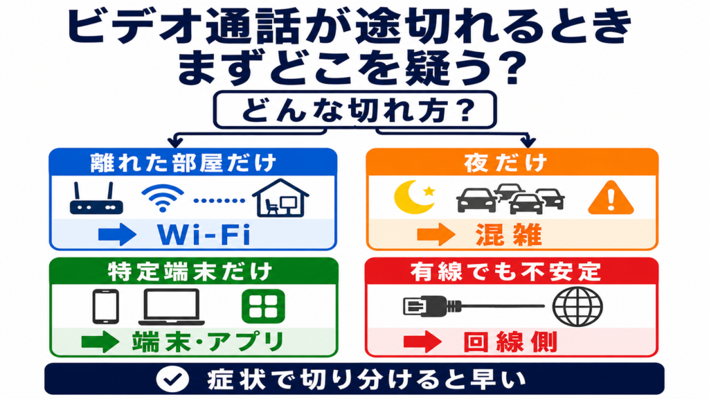 ビデオ通話が途切れる症状別の切り分け図。離れた部屋だけならWi‑Fi、夜だけなら混雑、特定端末だけなら端末・アプリ、有線でも不安定なら回線側を疑う。