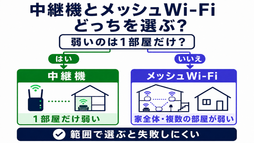 Wi-Fiが弱い範囲で中継機とメッシュWi-Fiを選ぶ判断図。1部屋だけ弱いなら中継機、家全体や複数の部屋が弱いならメッシュWi-Fiを選ぶ。
