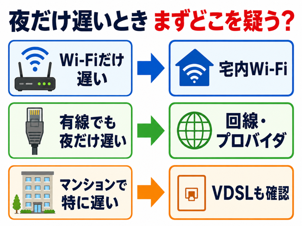 夜だけネットが遅いときの切り分け図。Wi-Fiだけ遅いなら宅内Wi-Fiを疑う。有線でも夜だけ遅いなら回線・プロバイダを疑う。マンションで特に遅いならVDSLも確認する。