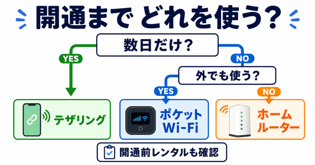 光回線の開通まで使う一時的な通信手段の選び方を示した図。数日だけならテザリング、数日以上で外でも使うならポケットWi‑Fi、自宅中心で使うならホームルーターを選び、あわせて開通前レンタルの有無も確認する。