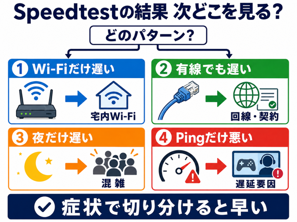 Speedtestの測定結果から次に確認する場所を4つに分けた判断図。Wi-Fiだけ遅いなら宅内Wi-Fi、有線でも遅いなら回線・契約、夜だけ遅いなら混雑、Pingだけ悪いなら遅延要因を確認する。