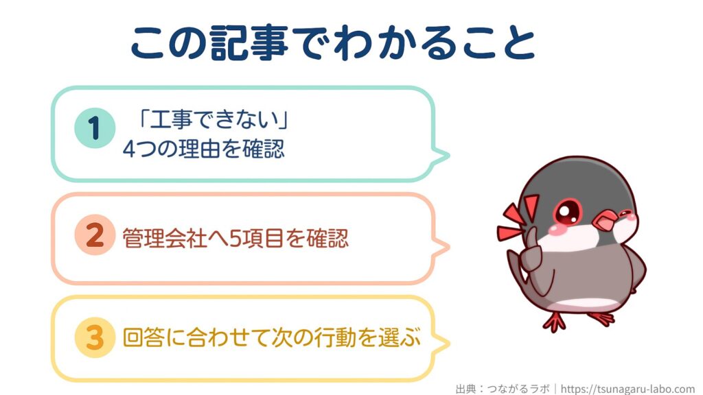 賃貸でネット回線の工事ができないときの確認手順。工事不可の理由、管理会社への確認項目、回答別の次の行動を解説