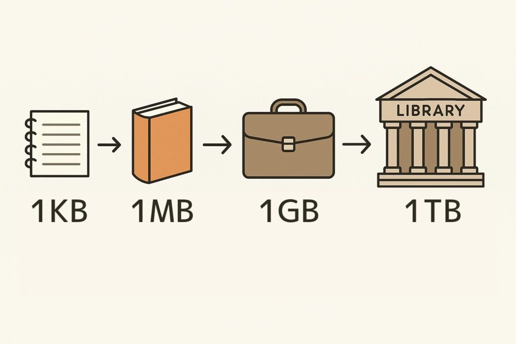 データ容量の単位をイメージで説明した図。KB＝ノート1ページ、MB＝本1冊、GB＝本1000冊、TB＝図書館として大きさを比較