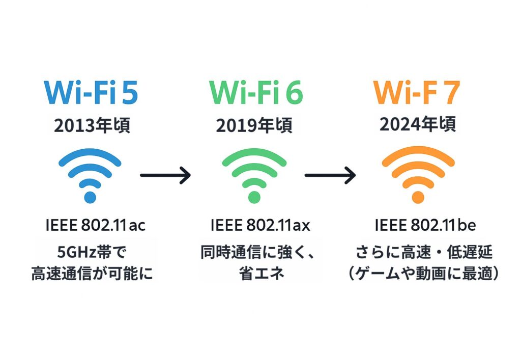 Wi-Fi 5（2013／IEEE 802.11ac）からWi-Fi 6（2019／802.11ax）、Wi-Fi 7（2024／802.11be）への進化を示したタイムライン。各世代の登場年と特徴を比較し、右に行くほど通信速度と安定性が向上している様子を表した図。