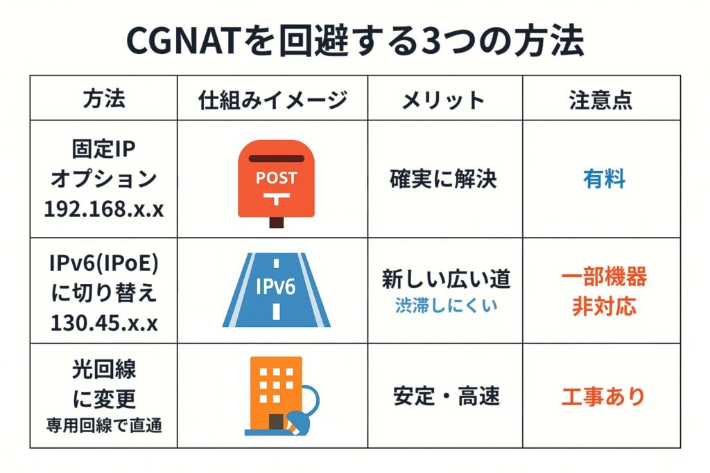 CGNATを回避する3つの代表的な方法（固定IPの契約、IPv6(IPoE)接続への切り替え、光回線への変更）を比較した表。仕組みの比喩イメージと、各方法のメリット・注意点をわかりやすく整理している。