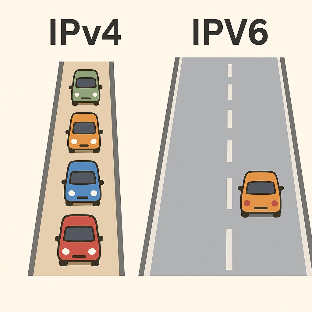 古い一本道（IPv4）と新しい広い道（IPv6）を車が走るイメージ図。IPv6では混雑を避けてスムーズにつながることを表現
