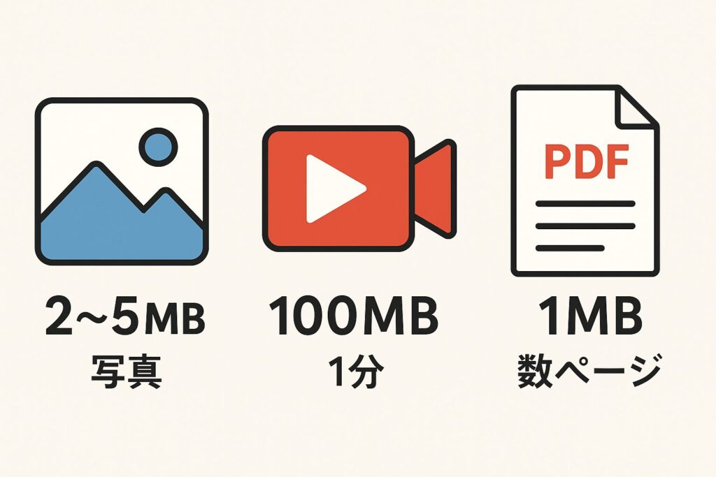 写真・動画・PDFファイルの容量目安を比較した図。写真1枚＝2〜5MB、動画1分＝100MB、PDF数ページ＝1MBを並べて表示