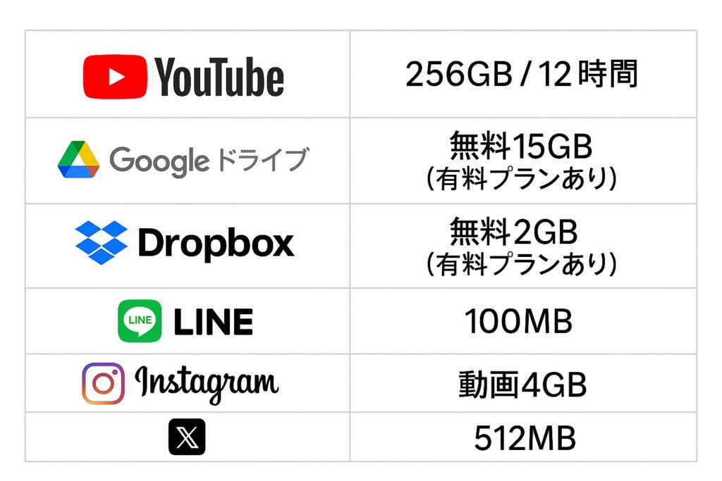 主要サービス別アップロード容量の比較表。YouTube＝256GB／12時間、Googleドライブ＝無料15GB（有料プランあり）、Dropbox＝無料2GB（有料プランあり）、LINE＝100MB、Instagram＝動画4GB、X＝512MBをロゴ付きで表示