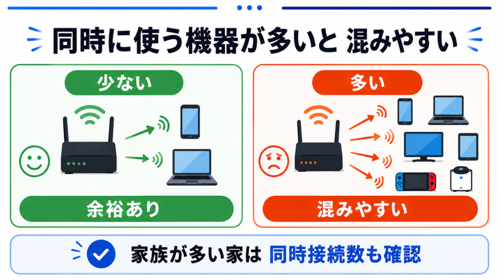 同時に使う機器が少ない場合と多い場合を比較し、同時利用する機器が増えると通信が混みやすくなるため、家族や機器が多い家庭ではルーターの同時接続数を確認することを示す図