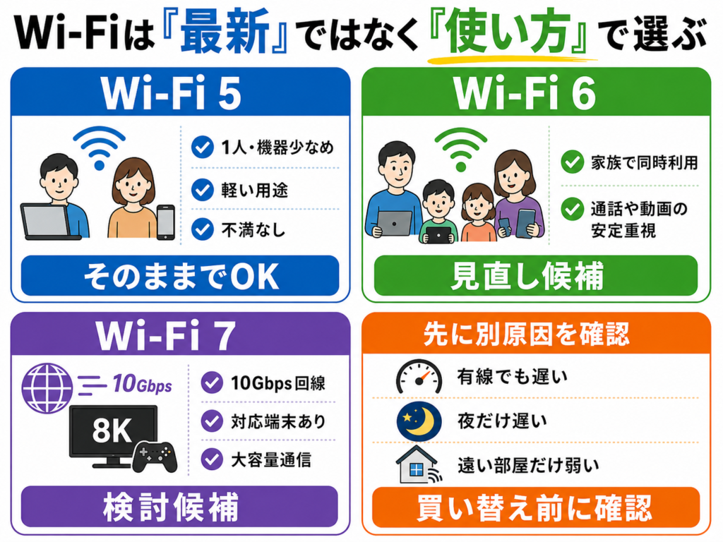 Wi-Fi 5・6・7の選び方を用途別に整理し、有線でも遅い・夜だけ遅い・遠い部屋だけ弱い場合は、買い替え前に別の原因を確認することを示した判断図。