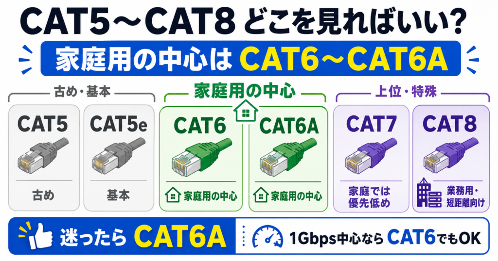CAT5〜CAT8のLANケーブル規格の位置づけを比較し、家庭用ではCAT6〜CAT6Aが中心になることを示す図。