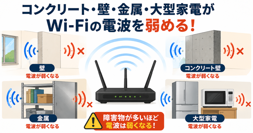 コンクリート壁や金属、大型家電などの障害物で電波が弱まりやすいことを示した図