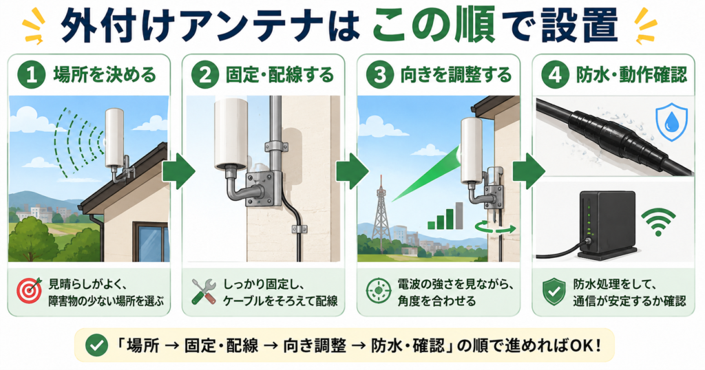 外付けアンテナを場所選び・固定と配線・向き調整・防水と確認の順で設置する4ステップを示した図