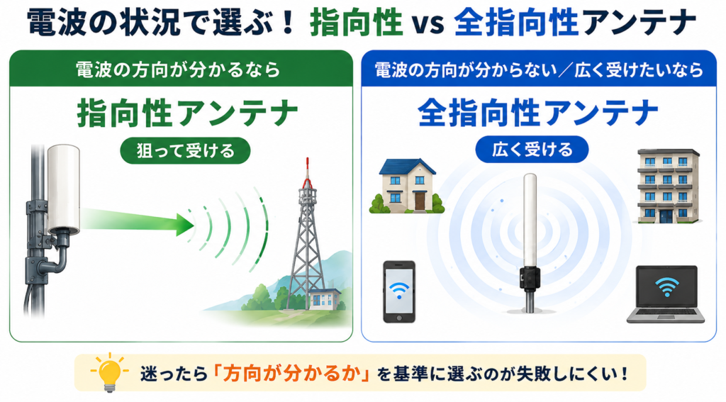 電波の方向が分かる場合は指向性、方向が分からない場合は全指向性アンテナを選ぶ目安を示した図