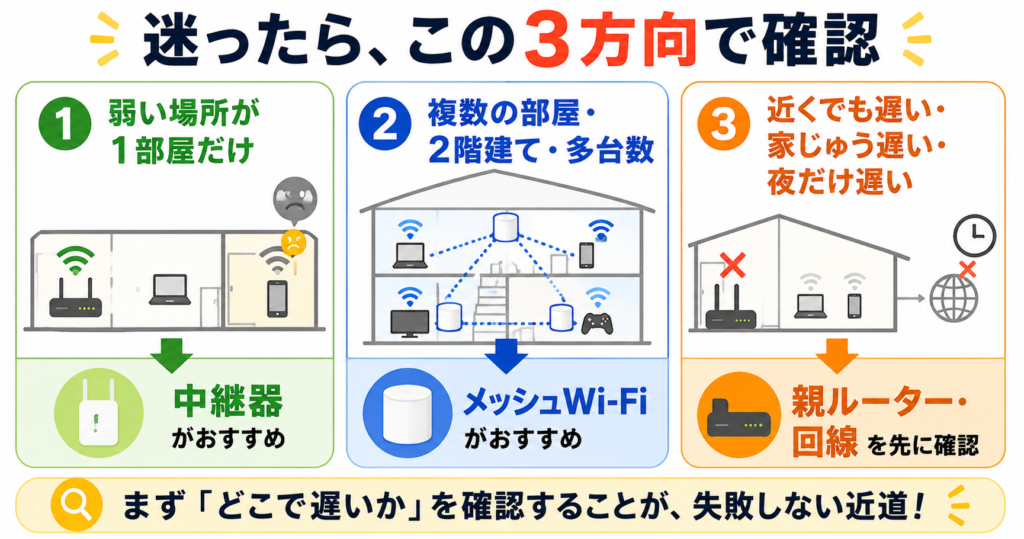 Wi-Fiの弱い場所が1部屋だけなら中継器、複数部屋・2階建て・多台数ならメッシュWi-Fi、近くでも家じゅうでも遅い場合は親ルーターや回線を先に確認する判断図。