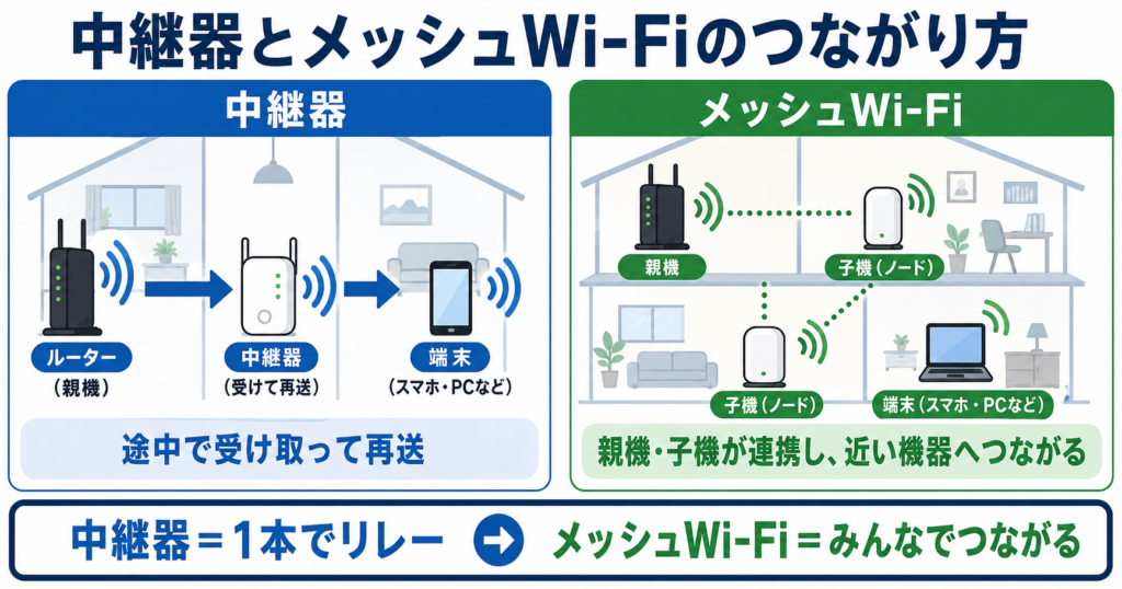 中継器はルーターから受けた電波を途中で再送し、メッシュWi-Fiは親機と複数の子機が連携して家の中をカバーする仕組みを比較した図。