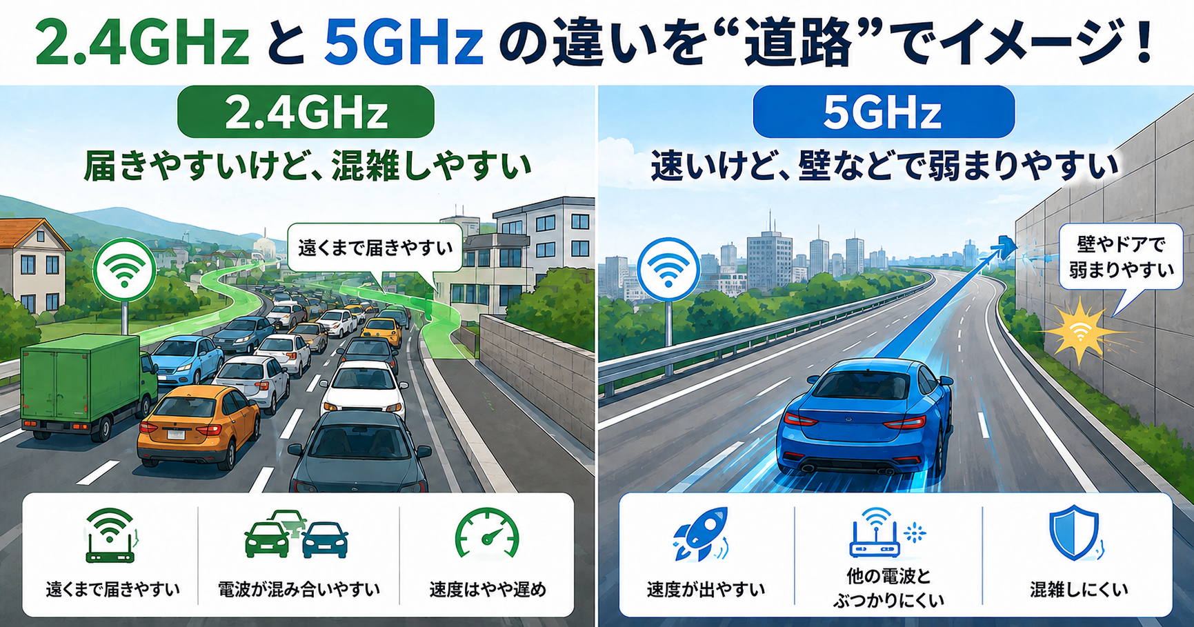 2.4GHzは届きやすいが混雑しやすく、5GHzは速いが壁に弱い違いを道路にたとえて比較した図