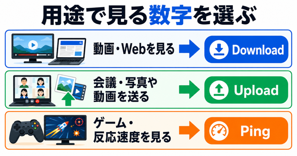 動画やWeb閲覧はDownload、送信や会議はUpload、ゲームはPingを確認する目安を示した図