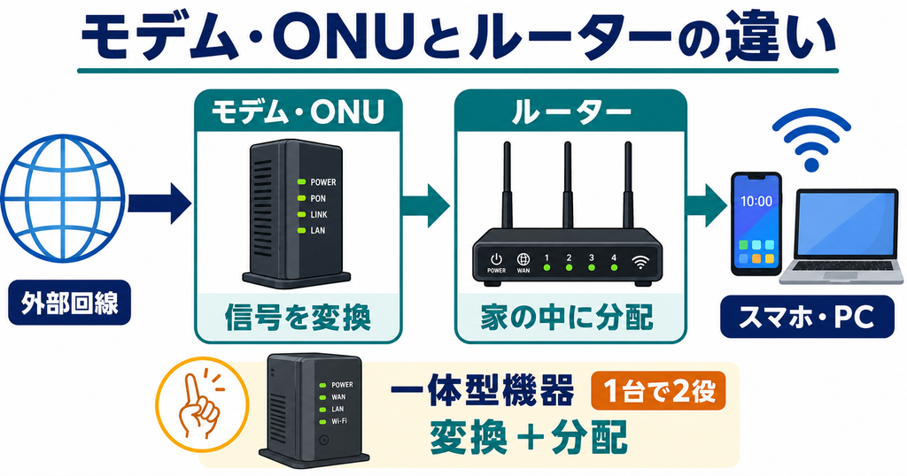 モデム・ONUとルーターの役割の違い。外部回線の信号をモデム・ONUが変換し、ルーターがスマホやPCへ通信を分配する流れ。一体型機器は1台で変換と分配を行う。