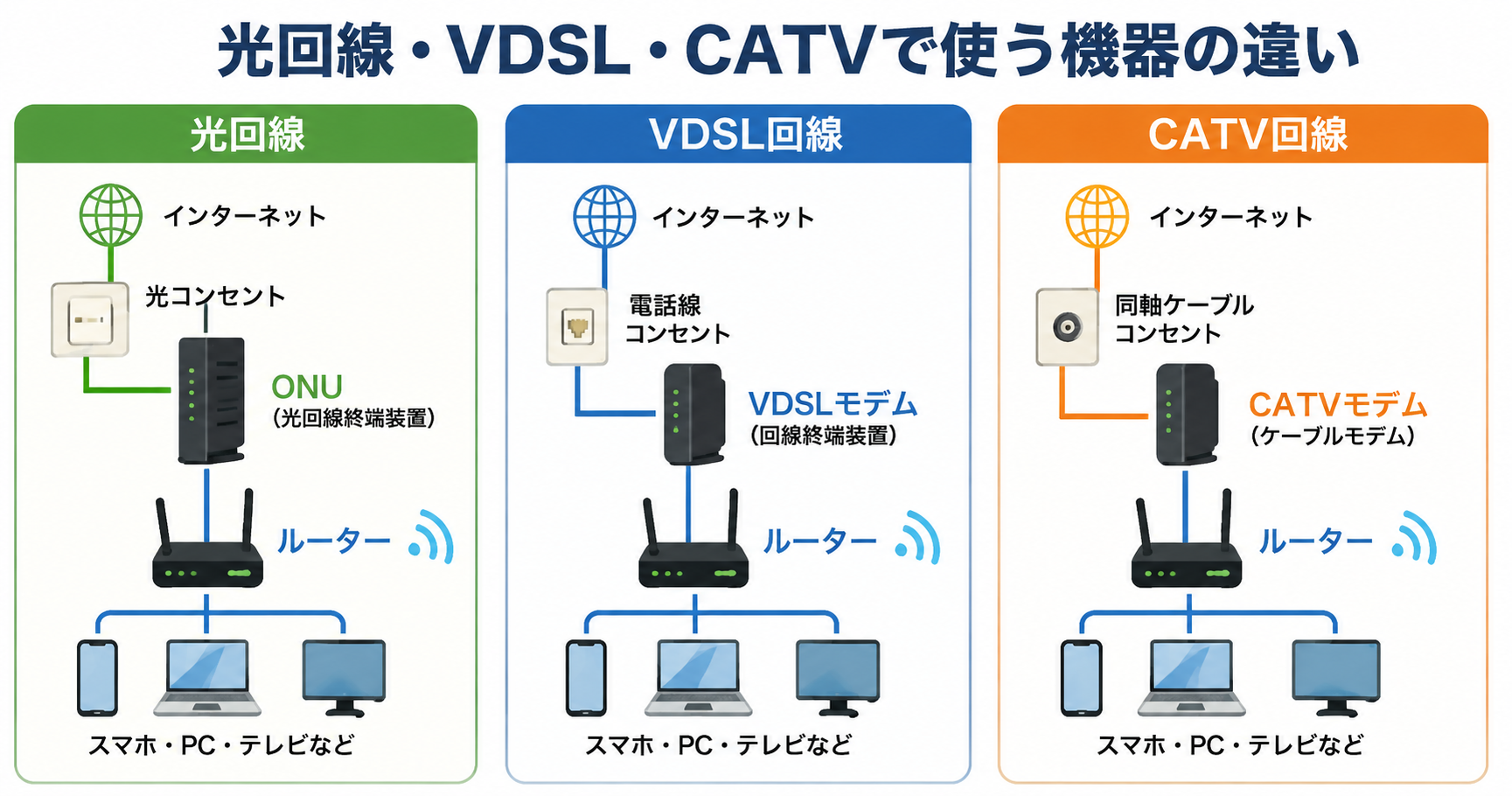 光回線・VDSL・CATVで使う機器の違い。光回線はONU、VDSLはVDSLモデム、CATVはCATVモデムを使い、その先でルーターにつながる流れ。