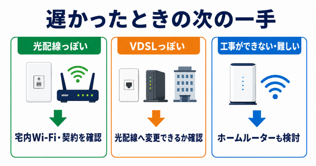回線が遅かった場合の次の一手を示した図。光配線っぽい場合は宅内Wi-Fiや契約を確認し、VDSLっぽい場合は光配線へ変更できるか確認し、工事ができない・難しい場合はホームルーターも検討する。