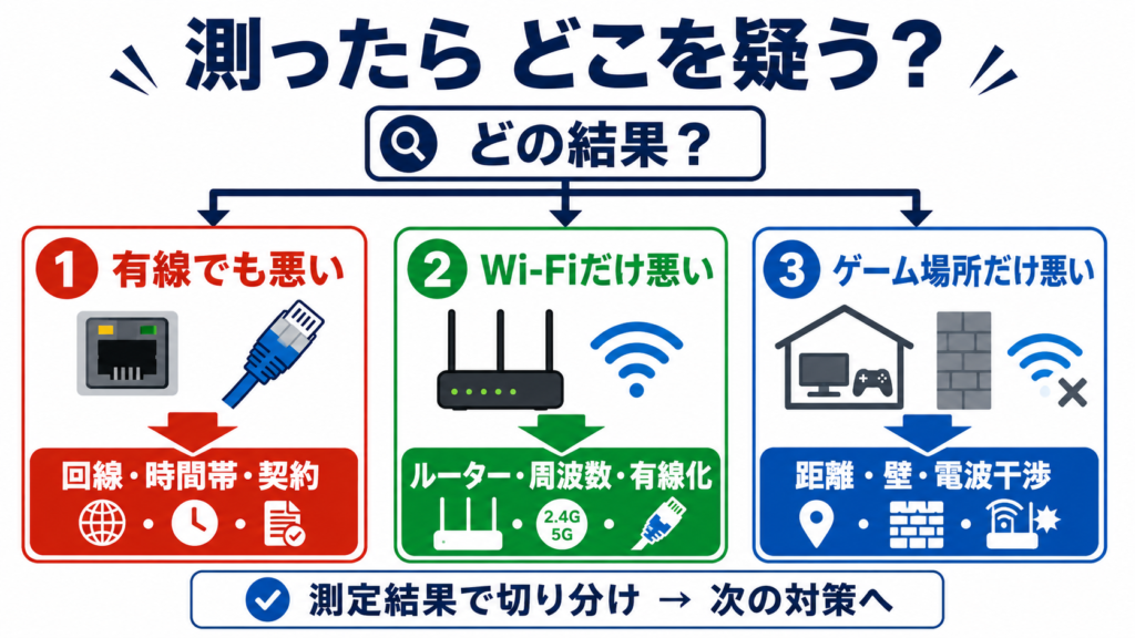 FPSの測定結果から次に疑う場所を3つに分けた判断図。有線でも悪いなら回線・時間帯・契約、Wi-Fiだけ悪いならルーター・周波数・有線化、ゲーム場所だけ悪いなら距離・壁・電波干渉を確認する。