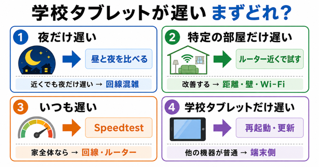 学校タブレットが家で遅いときの判断図。夜だけ遅いなら昼と夜を比べ、ルーター近くでも夜だけ遅ければ回線混雑を疑う。特定の部屋だけ遅いならルーター近くで試し、改善すれば距離・壁・Wi-Fi環境を疑う。いつも遅いならSpeedtestで確認し、家全体で遅ければ回線やルーターを疑う。学校タブレットだけ遅いなら再起動・更新を試し、他の機器が普通なら端末側を疑う。