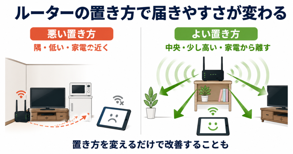 Wi-Fiルーターの置き場所による電波の届きやすさの比較。部屋の隅・低い位置・家電の近くより、家の中央付近・少し高い位置・家電から離した場所のほうが、タブレットへ電波が届きやすいことを示す図。