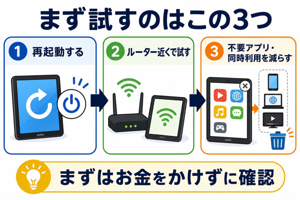 学校のタブレットが家で重いときに、まず試す3つの対策を示した行動図。再起動する、ルーター近くで試す、不要なアプリや同時利用を減らす、の順で確認する。