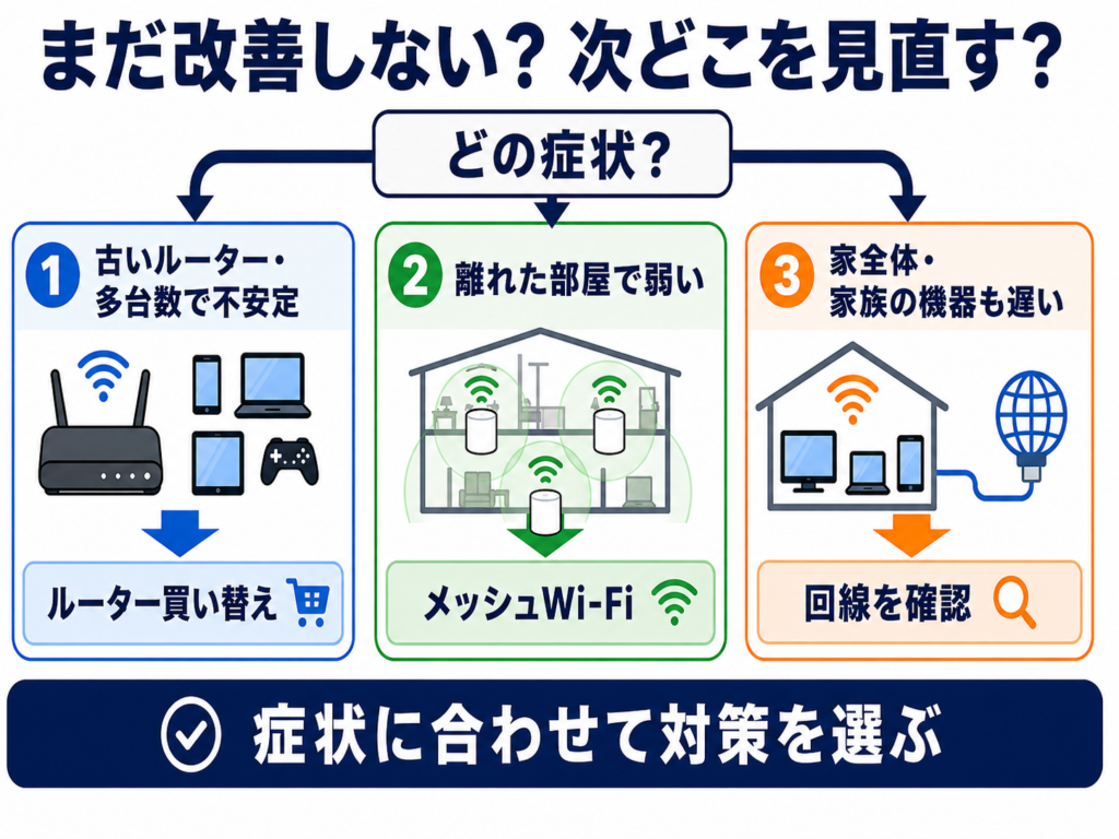 症状別に見直す場所を示した判断図。古いルーターや多台数接続で不安定ならルーター買い替え、離れた部屋でWi-Fiが弱いならメッシュWi-Fi、家全体や家族の機器も遅いなら回線確認を選ぶ。