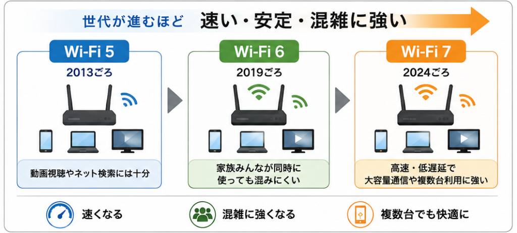 Wi-Fi 5・6・7の登場時期と進化を時系列で比較した図。世代が進むほど高速化し、複数台利用時の通信効率も向上している。