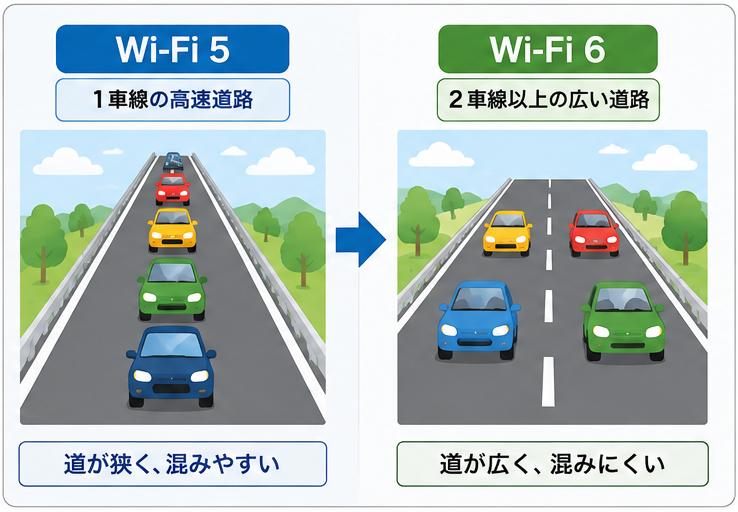 Wi-Fi 5を1車線の道路、Wi-Fi 6を2車線以上の広い道路にたとえ、Wi-Fi 6は複数台利用時に混雑しにくいことを示した図。