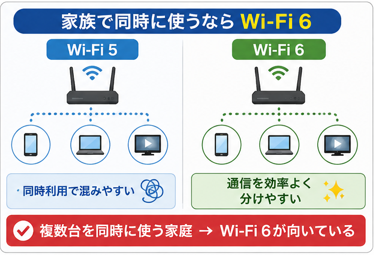 Wi-Fi 5とWi-Fi 6の同時利用時の違いを比較した図。Wi-Fi 5は同時利用で混みやすく、Wi-Fi 6は通信を効率よく分けやすいため、家族で複数台を同時に使う場合はWi-Fi 6が向いている。