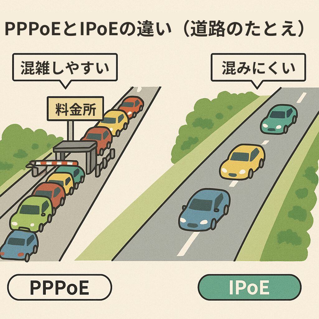 PPPoEとIPoEの違いを道路でたとえた図。
PPPoEは料金所のある混雑しやすい道、IPoEは料金所のないスムーズなバイパス道路を表している。