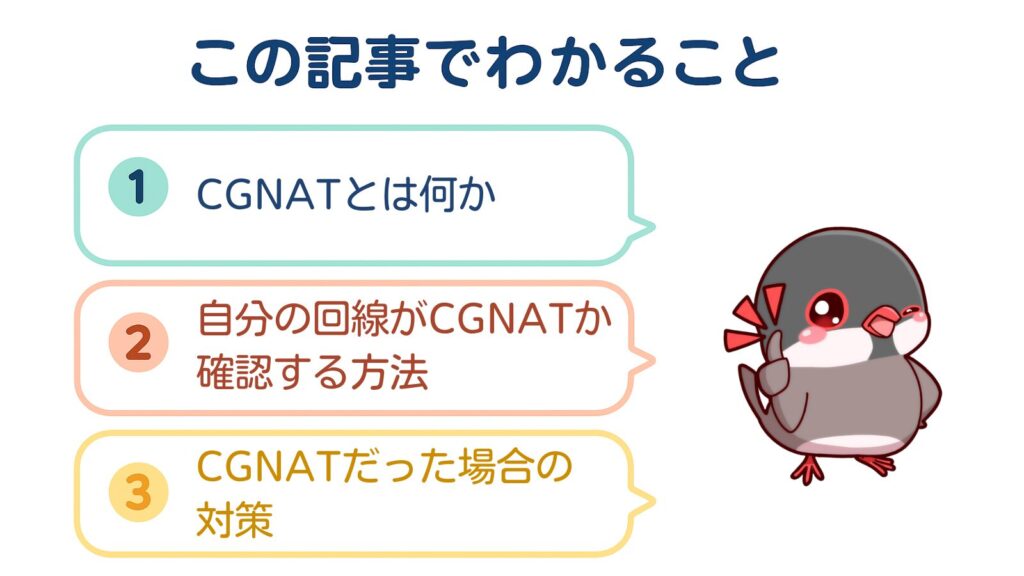 この記事でわかること
①CGNATとは何か
②自分の回線がCGNATか確認する方法
③CGNATだった場合の対策
