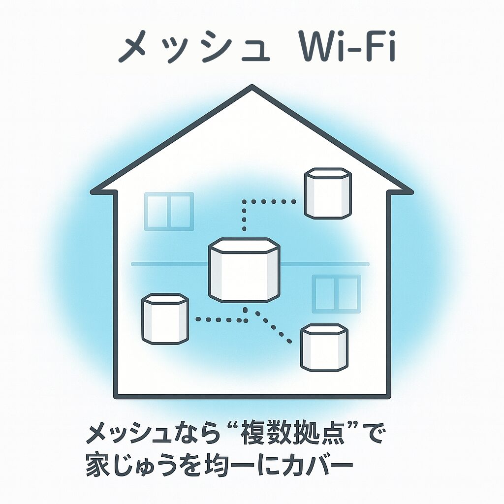 家の中に複数のWi-Fi拠点を配置して電波をつなげるメッシュWi-Fiのイメージ図。家全体を均一にカバーする様子を示す。