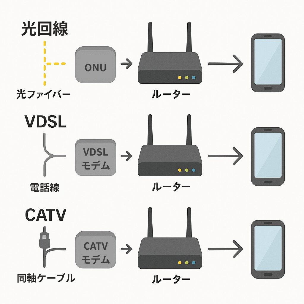光回線・VDSL・CATVで使われるモデムの違いを比較した図。光ファイバーはONU、VDSLはVDSLモデム、CATVはCATVモデムを使う流れを示している。