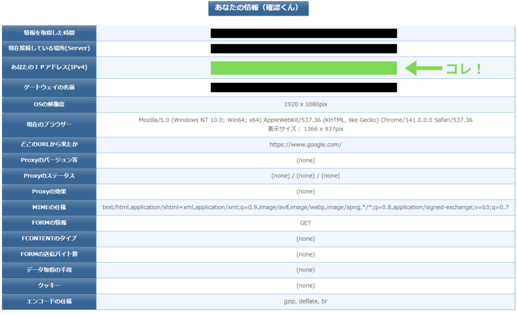 「確認くん」サイトの画面で「あなたのIPアドレス（IPv4）」が示されている部分を緑の矢印で強調した例。比較のために使用するIPv4アドレスの確認位置を示している。