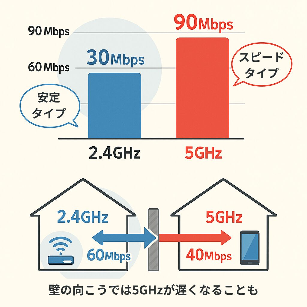 リビングのルーターから寝室のスマホへの電波の届き方を示す図。2.4GHzは壁を越えて届き、5GHzは壁で弱まる様子を視覚化している。