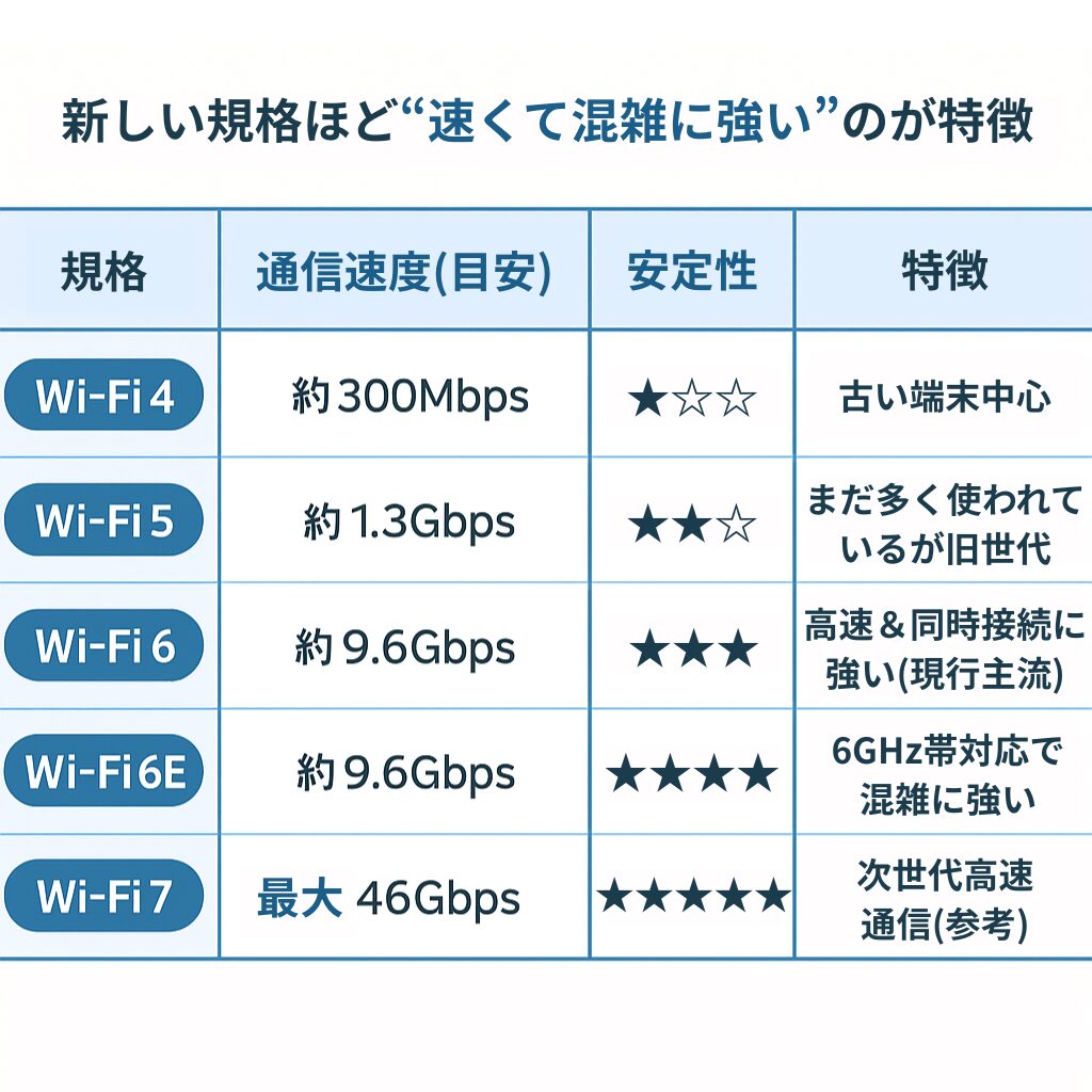Wi-Fi4からWi-Fi7までの通信規格ごとの速度と安定性を比較した表。新しい規格ほど速く、同時接続に強くなる特徴を示す。