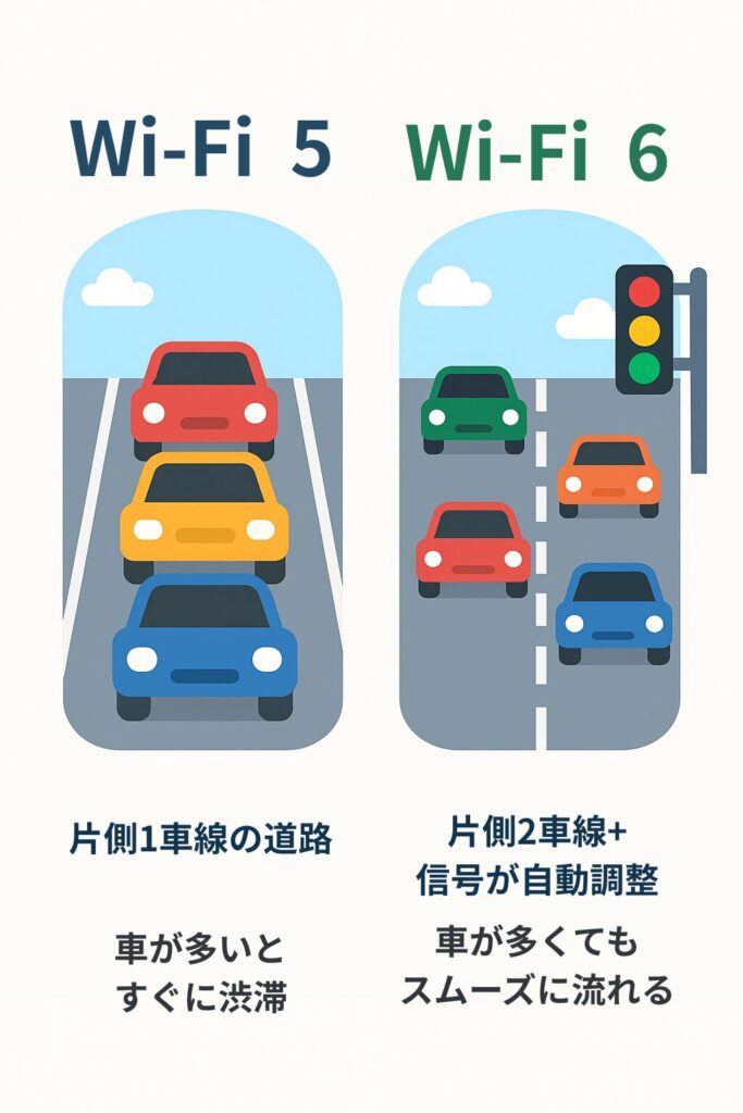 Wi-Fiの電波を道路にたとえた図。左はWi-Fi 5が片側1車線で車が渋滞、右はWi-Fi 6が片側2車線＋信号が自動調整され、車がスムーズに流れている様子を比較。