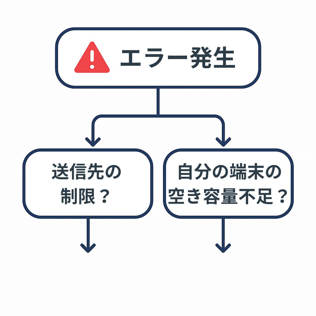 容量不足エラーの原因を示すフローチャート図。エラー発生から『送信先の制限？』または『端末の空き容量不足？』に分岐