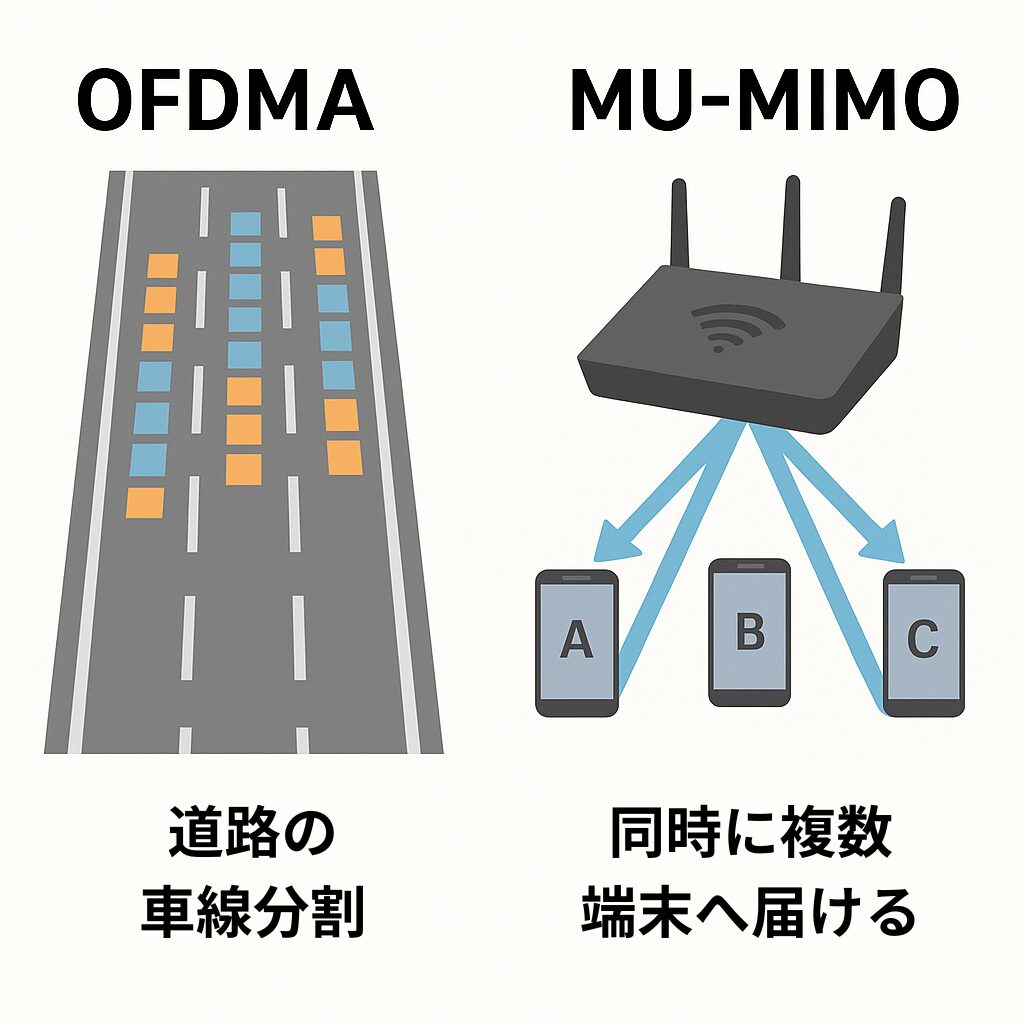 OFDMAは道路を複数の車線に分けて同時通信を行うイメージ、MU-MIMOは複数の端末へ同時に信号を届けるイメージを表した図。