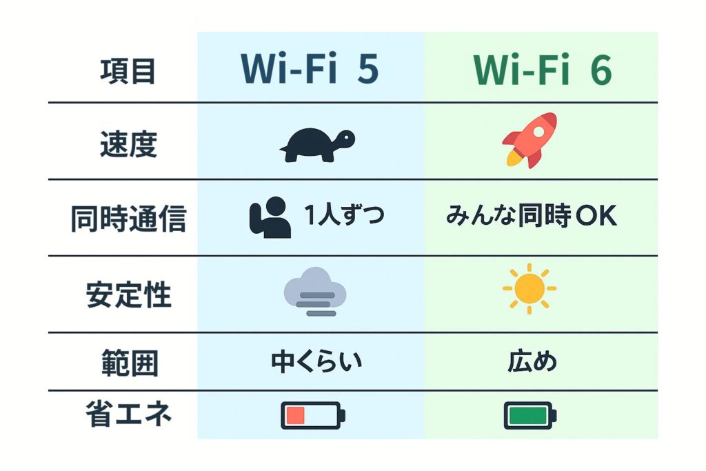 Wi-Fi 5とWi-Fi 6の性能比較表。速度はWi-Fi 5がカメのようにゆっくり、Wi-Fi 6はロケットのように速い。同時通信はWi-Fi 5が1人ずつ、Wi-Fi 6はみんな同時OK。安定性・範囲・省エネもWi-Fi 6が優れている様子をアイコンで比較した図。